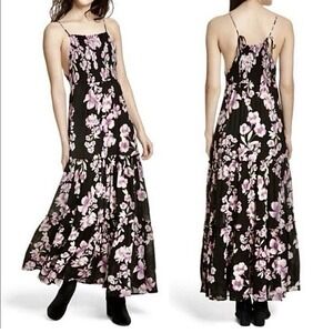 Free People Intimately Garden Party Floral Maxi Black Dress Pink Floral Print XS